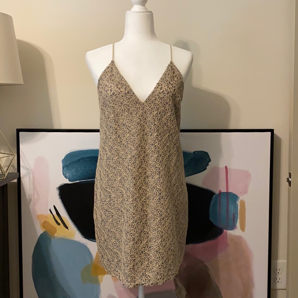 Zara Backless Beige Lace Slip Dress